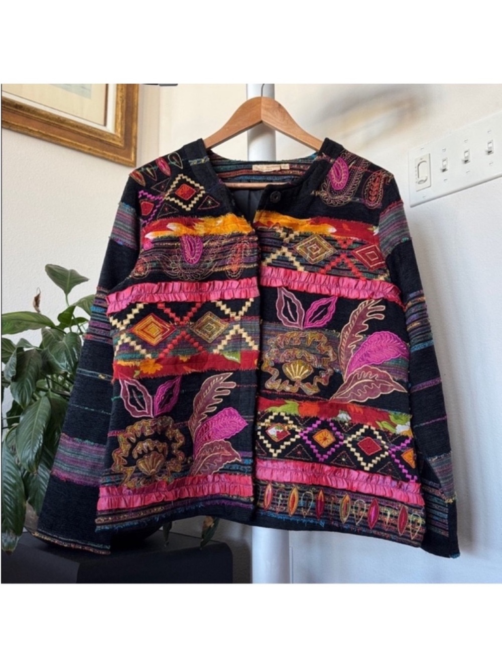 Vintage Choices Embroidered Ruffle Colorful Rainbow Jacket Size M Black Pink